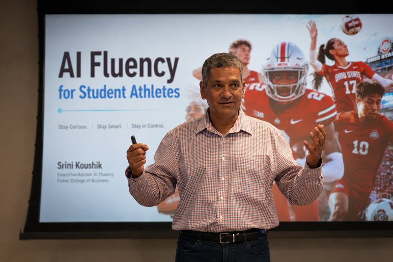 Srini Koushik teaching AI Fluency to Ohio State student athletes