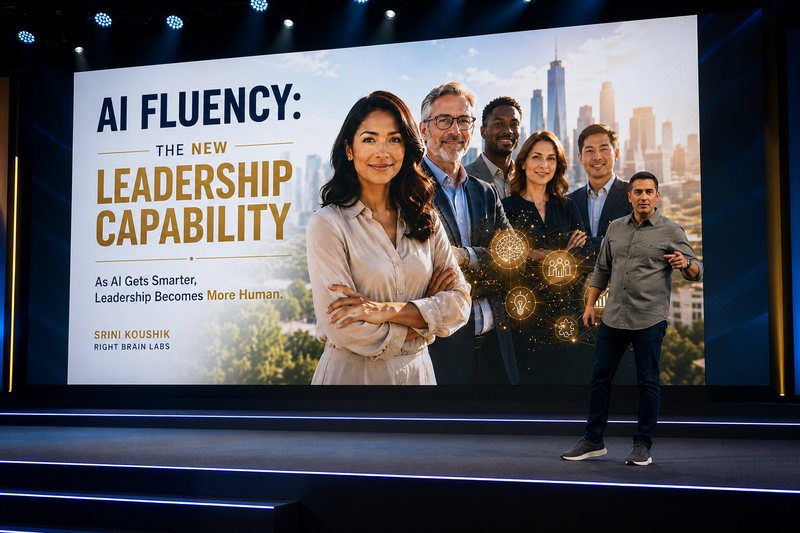 Srini Koushik on stage presenting AI Fluency: The New Leadership Capability for Right Brain Labs