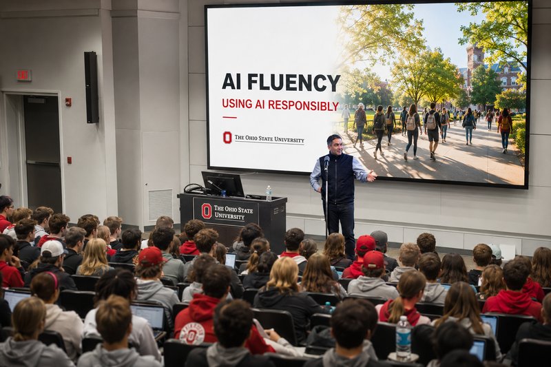 Srini Koushik presenting AI Fluency: Using AI Responsibly to a lecture hall of Ohio State University students