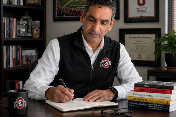 Srini Koushik writing by hand at his desk
